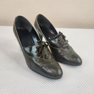 Vintage 60s Jean Rimbaud Granny Shoes Olive Green Size 7 Heels Mod GoGo